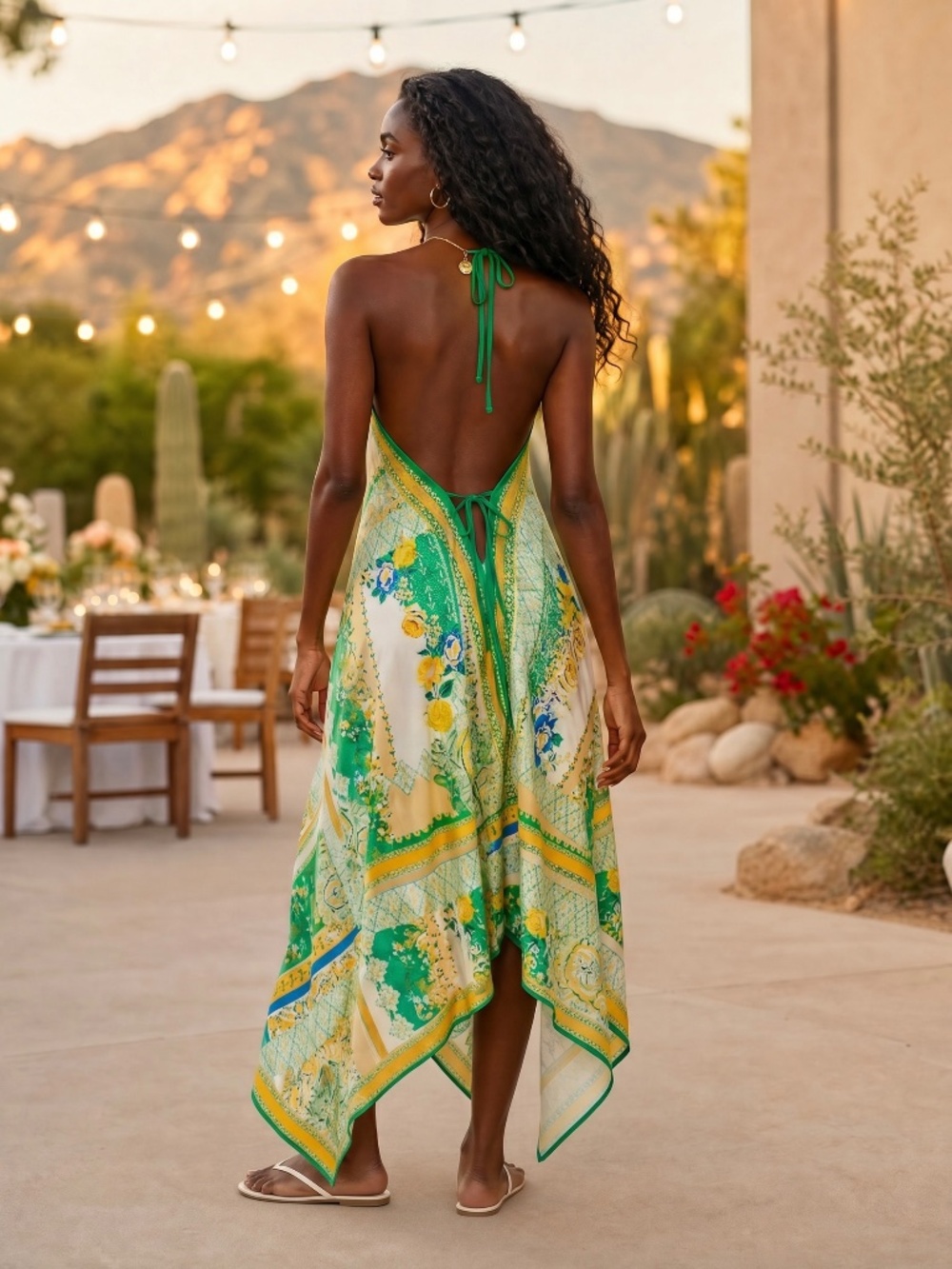 Green Yellow Floral Halter Asymmetrical Maxi Dress | Open Back Scarf Print - Picture 3 of 5